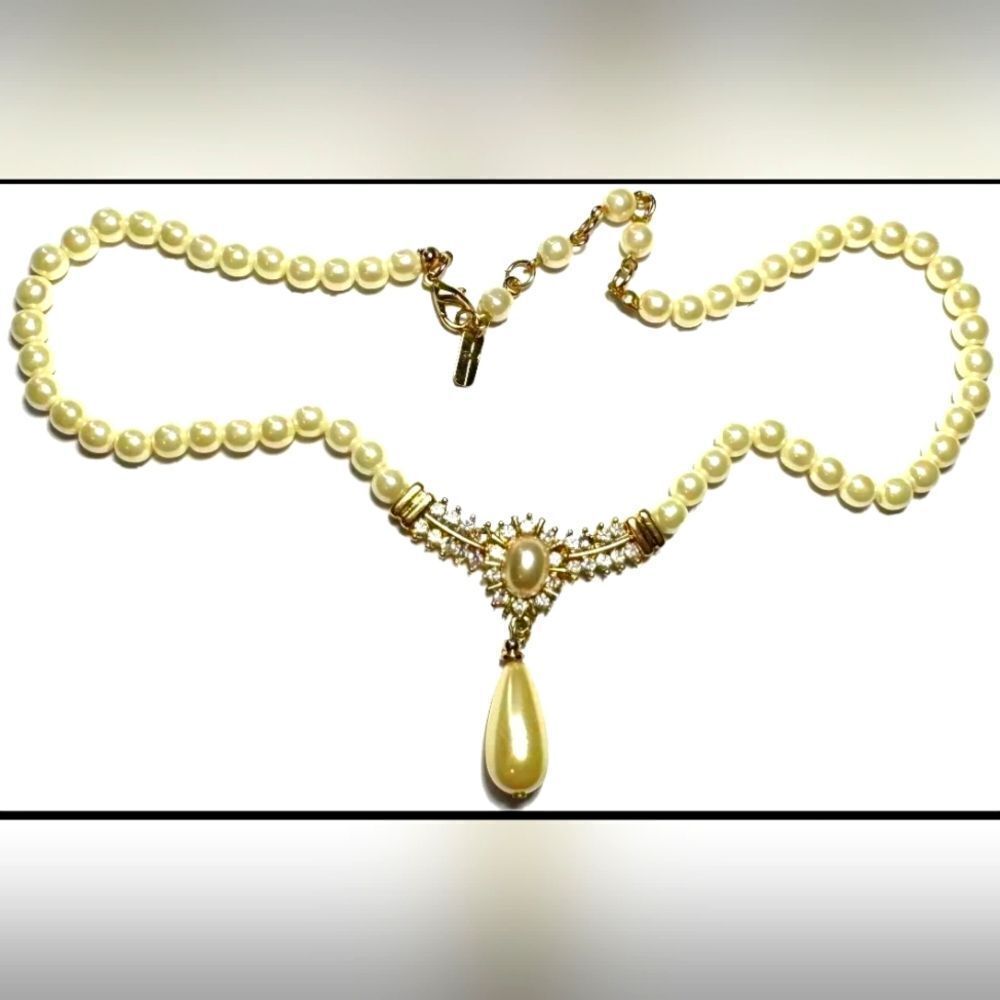 Vintage Necklace Signed CHRISTINA COLLECTION Rhinestone Bead Gold Tone 15"-17.5